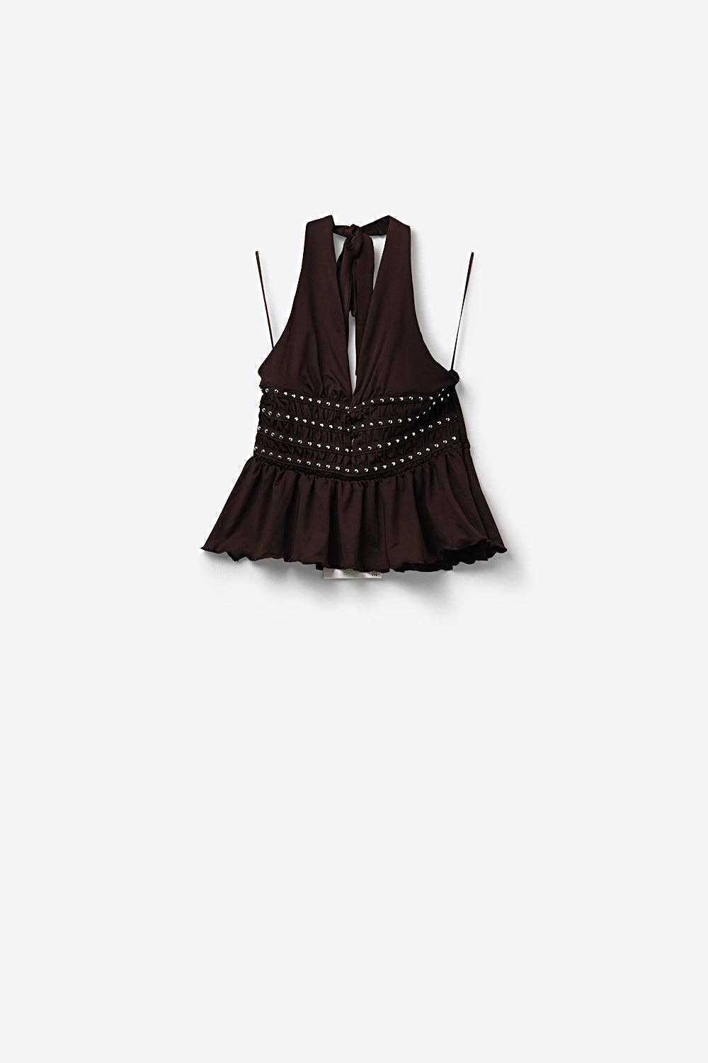 Brun Rynket Peplum Haltertop med Nitter