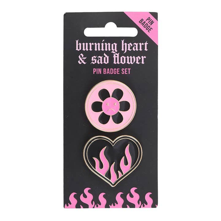Brændende hjerte og trist blomst pin badge sæt