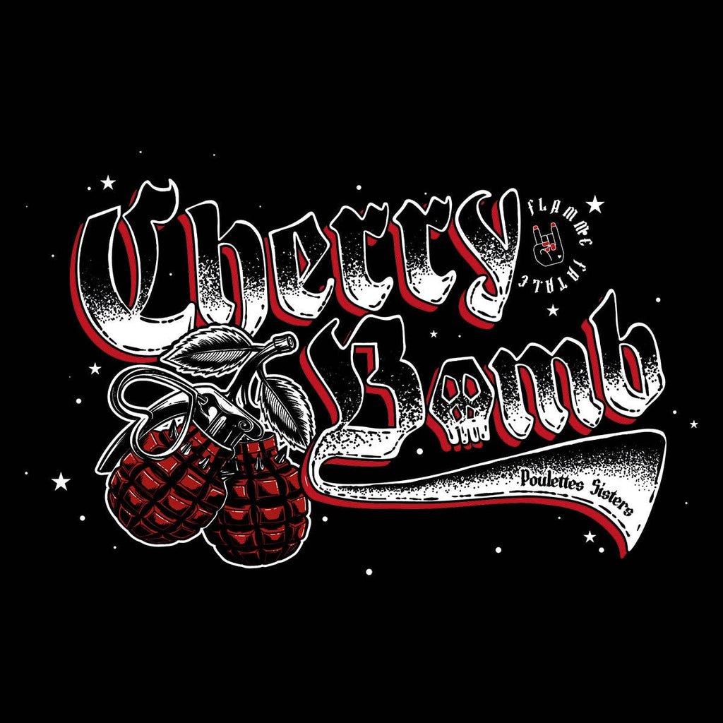 Poulettes Sisters - Dame T-shirt med rund hals « Cherry Bomb » i sort