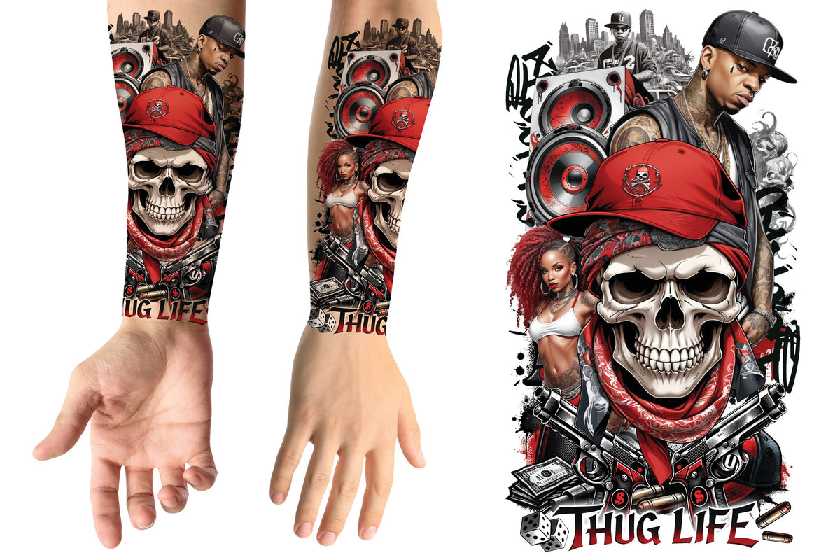 Thug Life – midlertidig tatovering med dødningehoved – 14 × 30 cm