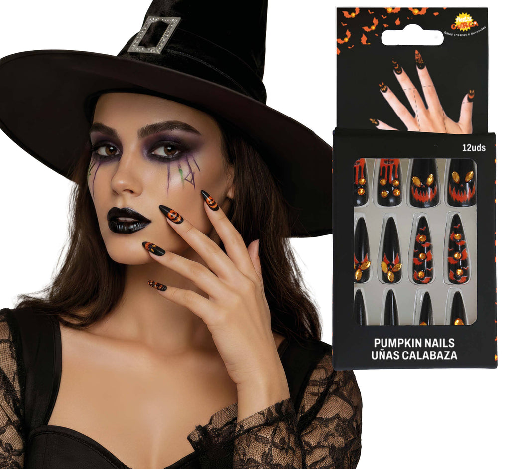 Halloweennegle med græskar og juveler – 12 stk.