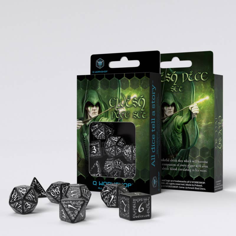 Elvish Terningssæt – Sort og hvid | Q-Workshop
