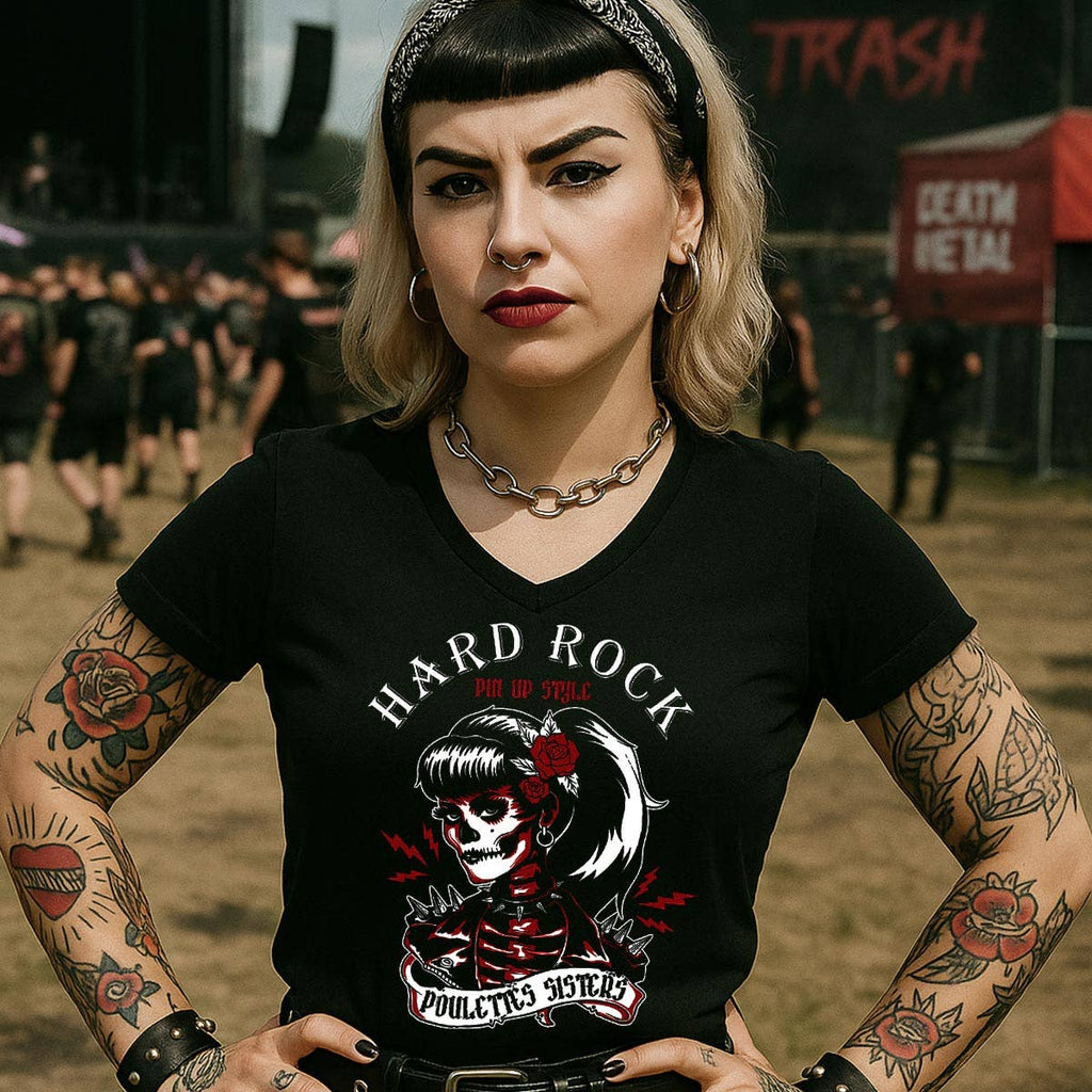 Poulettes Sisters - Dame T-shirt med V-hals « Hard Rock Pin up Skull » i sort
