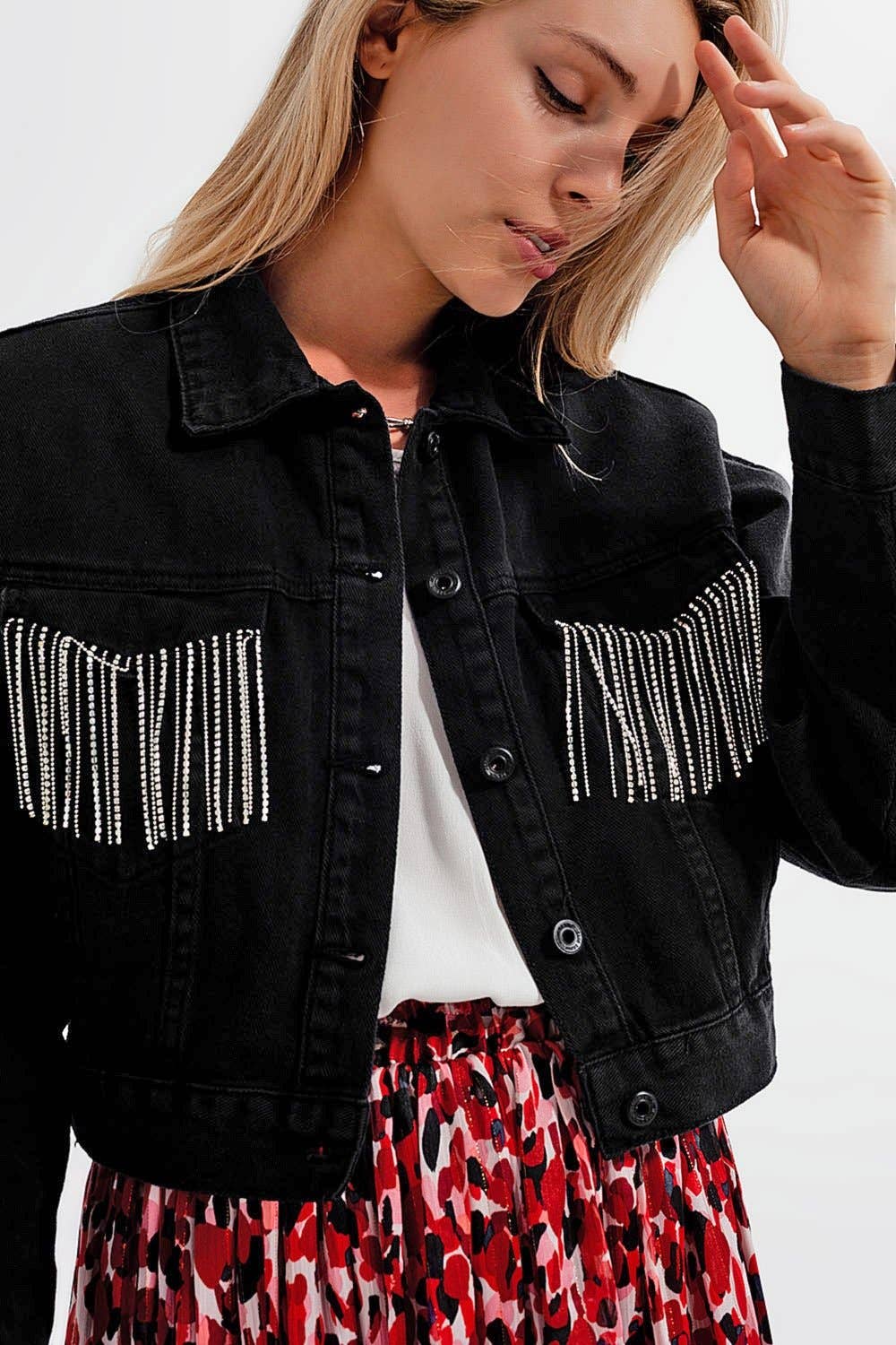 Sort Denimjakke med Strasskvaster