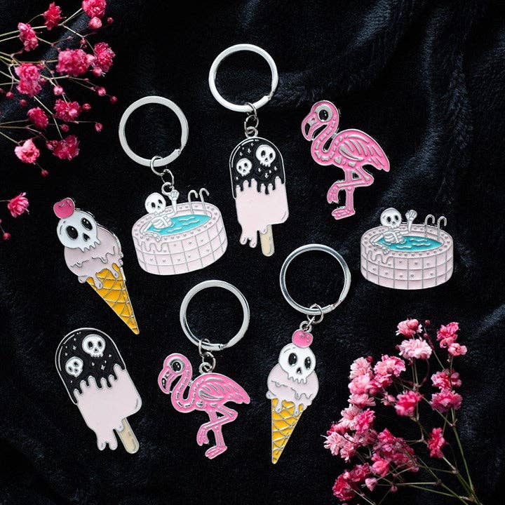 Dead Cool skelet og Flamin-goth flamingo emalje-pins sæt